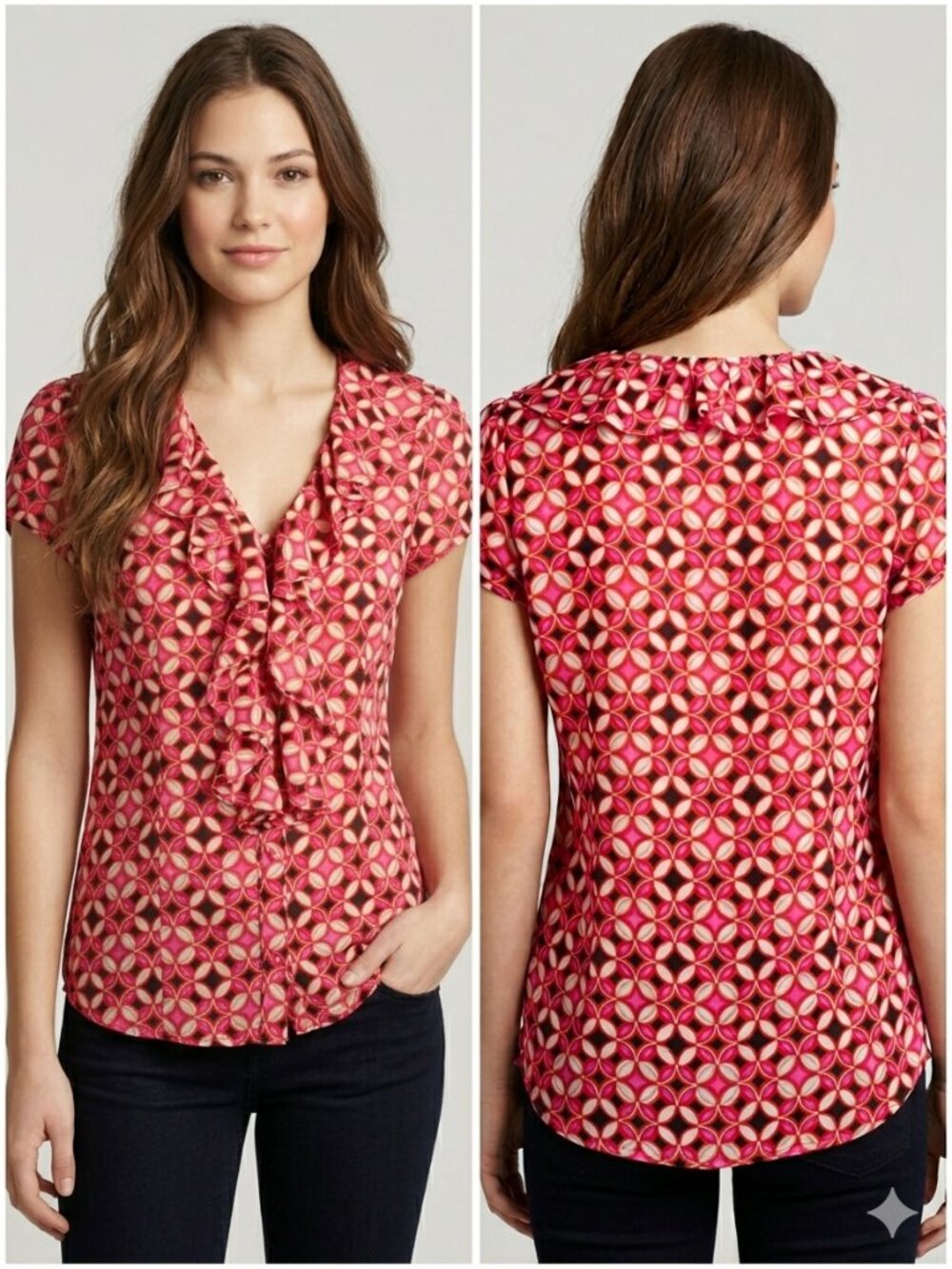 Banana Republic Petite XS Button Front Geometric Ruffle semi sheer Blouse
